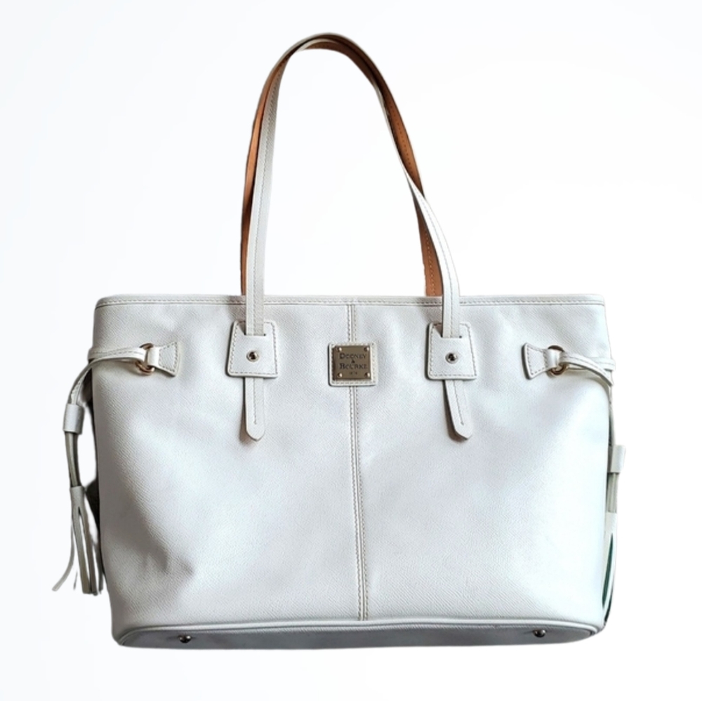 Dooney & Bourke White Pebbled Leather Large Davis Tassel Shopper Tote Bag Purse